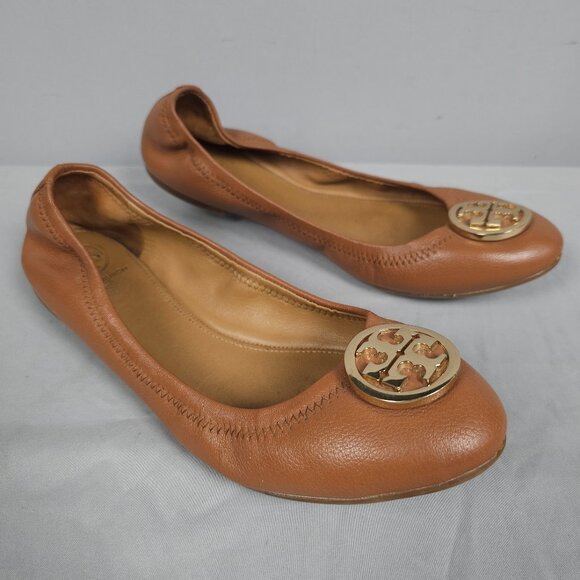 Tory Burch Ballet Flats Women 8 Brown Tan Leather Slip-On Gold Medallion Logo - Picture 1 of 12